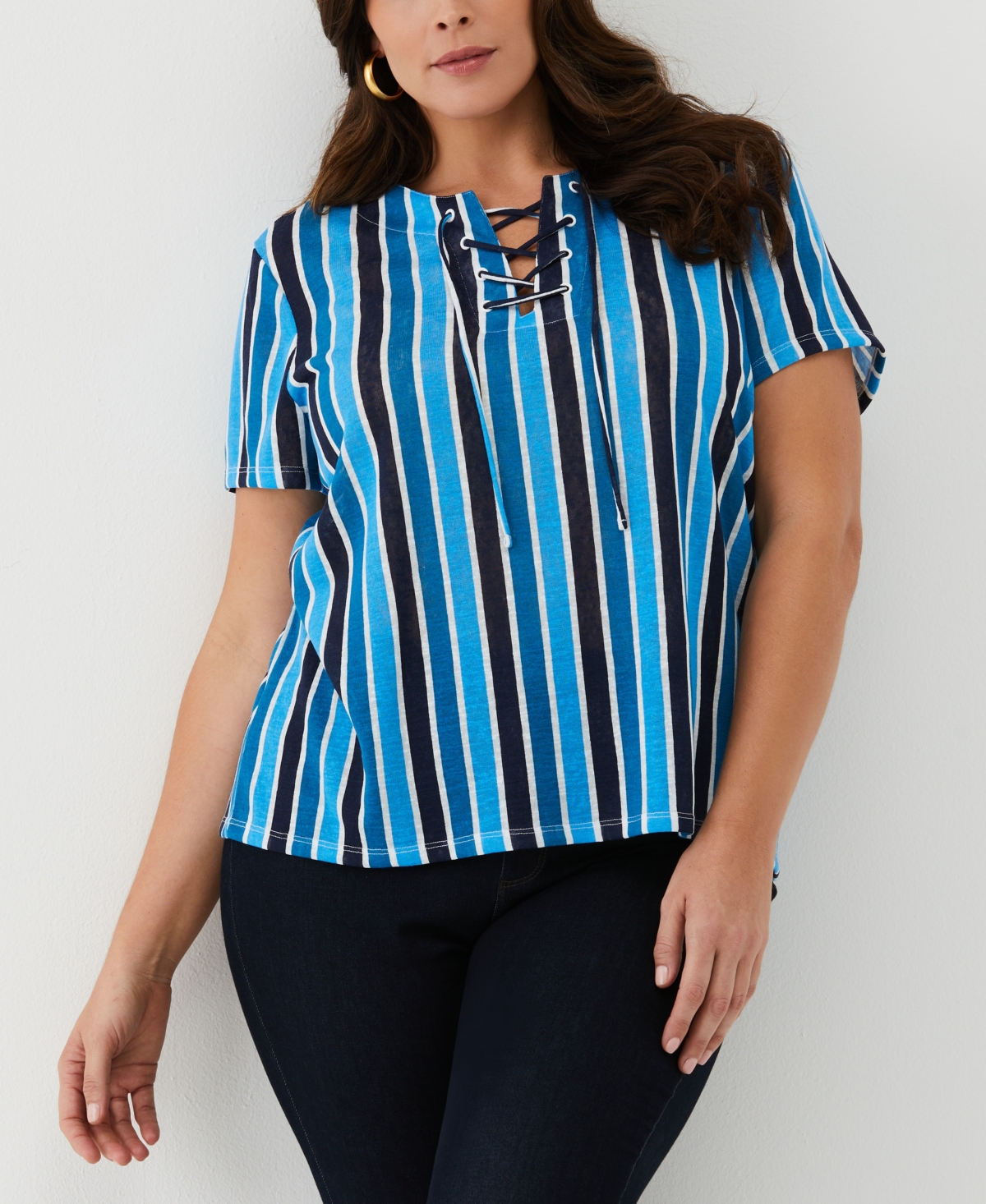 Shop Ella Rafaella Plus Size Eco Stripe Lace-up Short Sleeve Tee Shirt In Malibu Blue