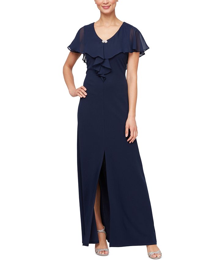 Sheath Floral Sequin Square Neck Long Mother of the Bride & Groom Dresses with Chiffon Cape Overlay & Beaded Waist main image 1