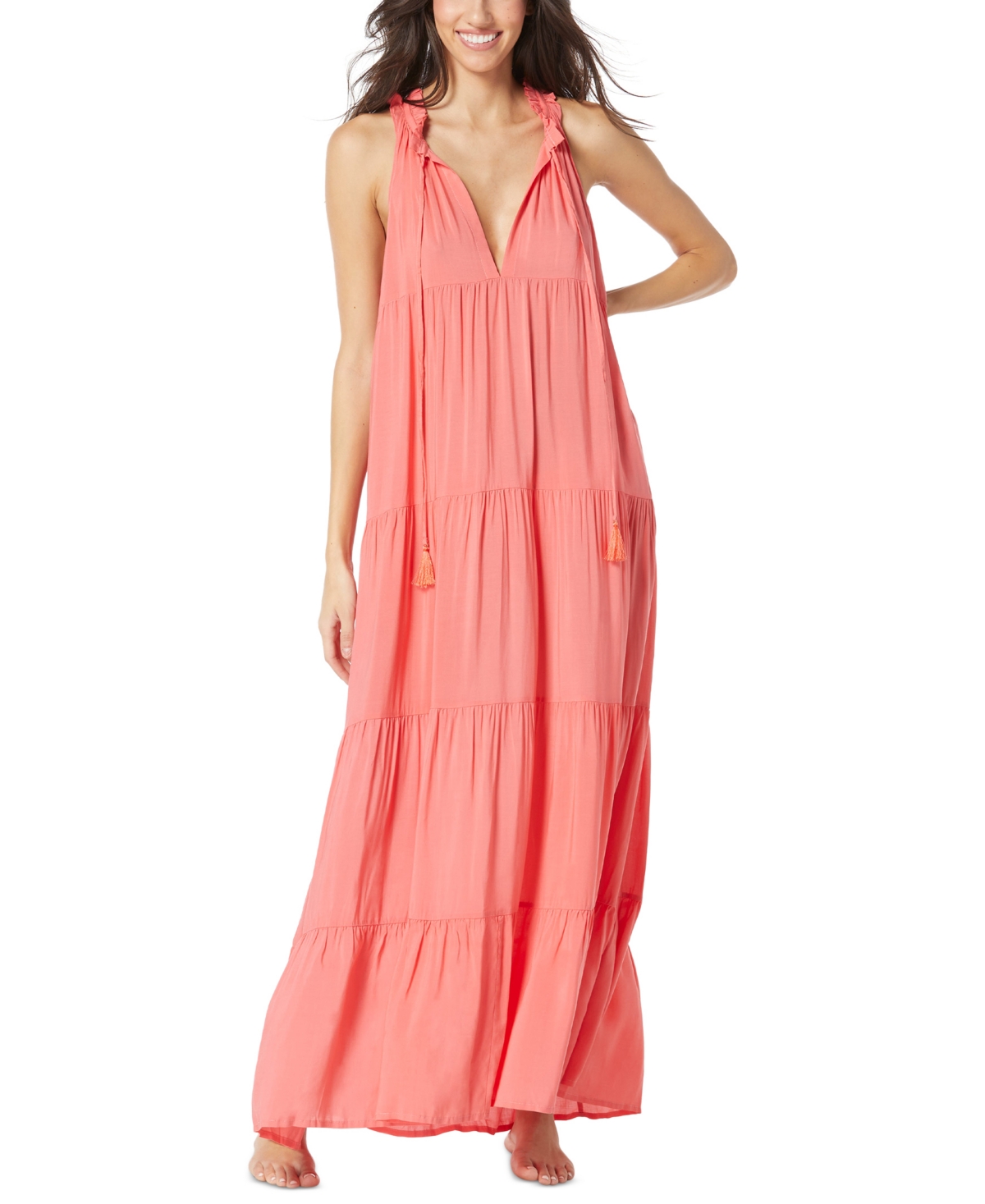 Women's Tiered Maxi Dress Swim Cover-Up - Pop Coral