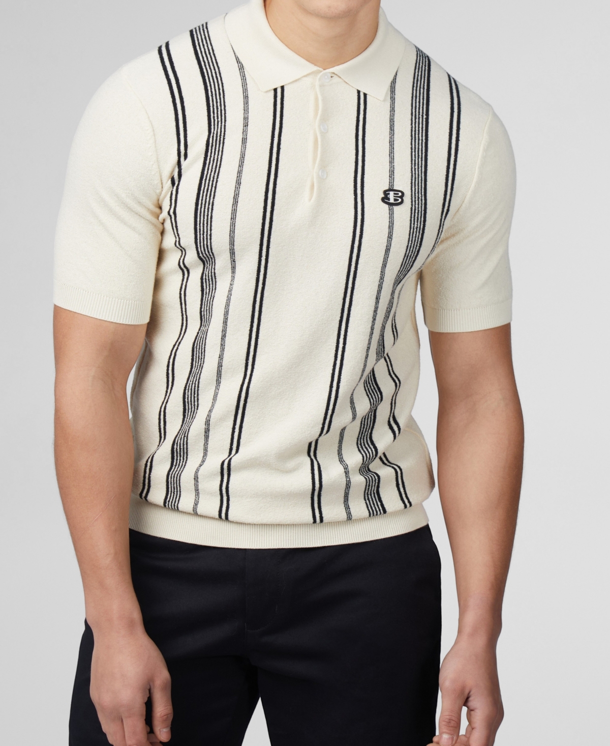 Men's Crinkle Cotton Stripe Polo Shirt - Ivory