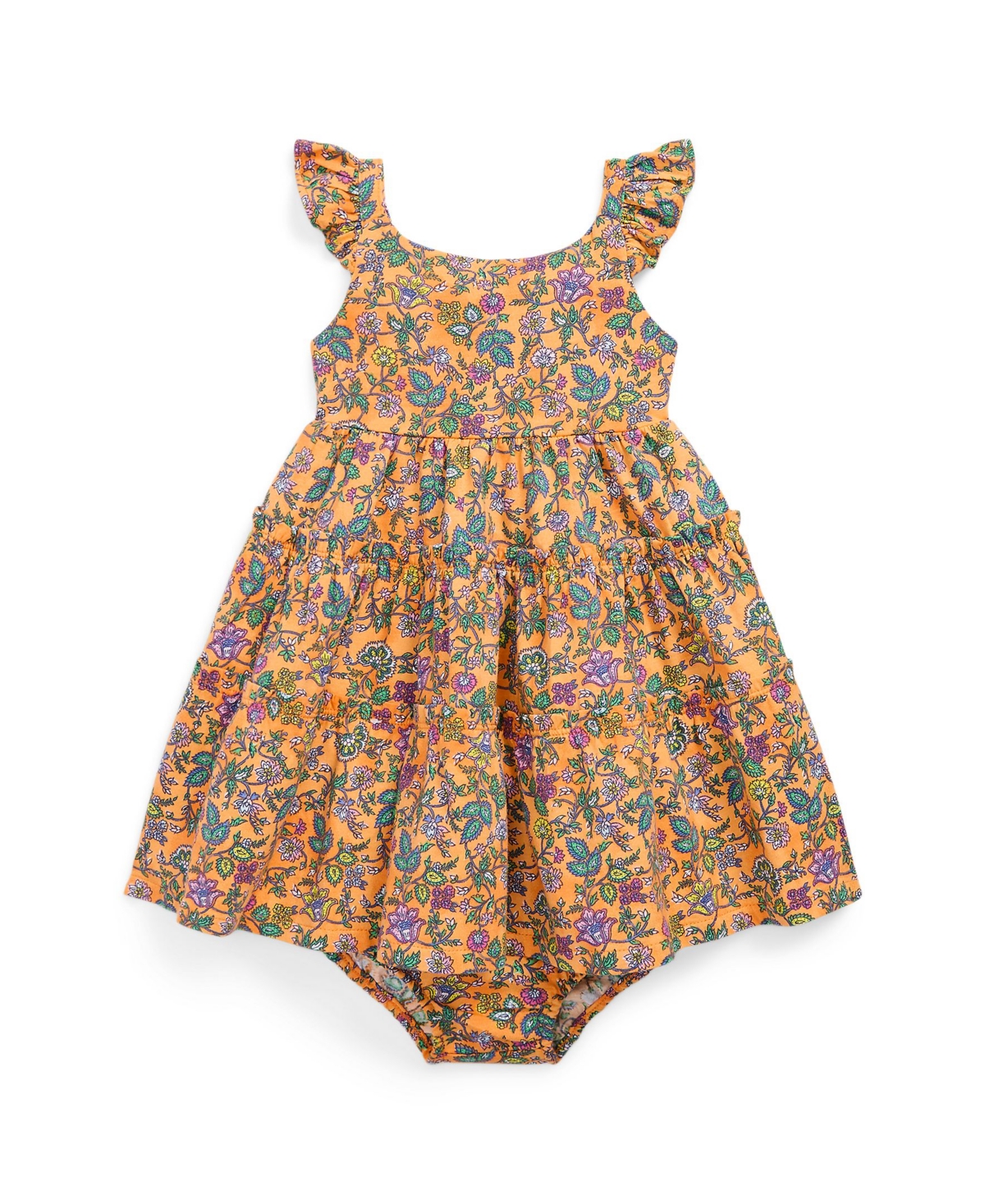 Polo Ralph Lauren Baby Girls Floral Ruffled Cotton Dress And Bloomer Set In Tropical Woodblock With Dark Pink