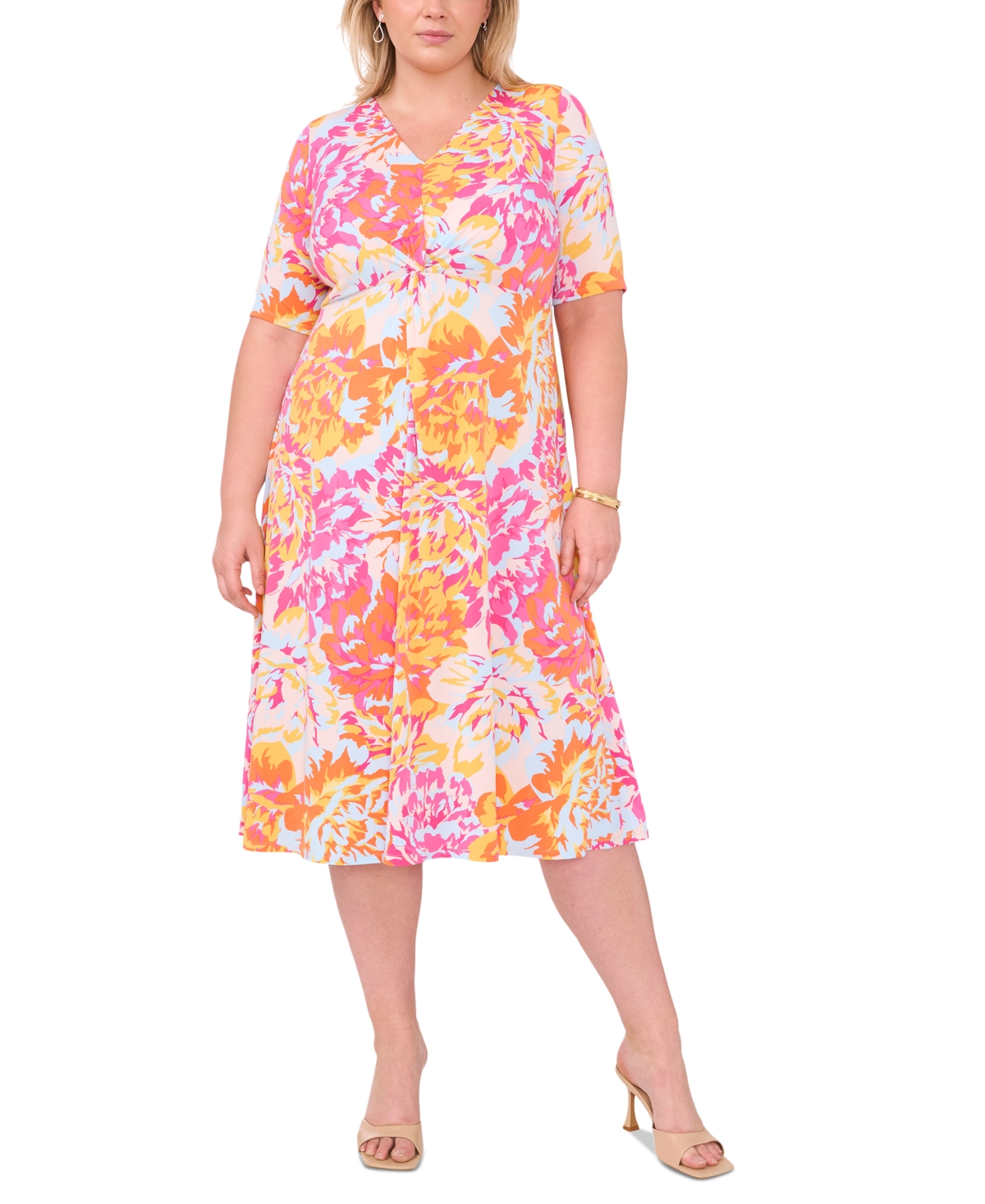 Plus Size Floral-Print Twist-Front Midi Dress - Pink