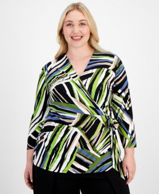 Anne Klein Plus Size Printed Side-Tie 3/4-Sleeve Top