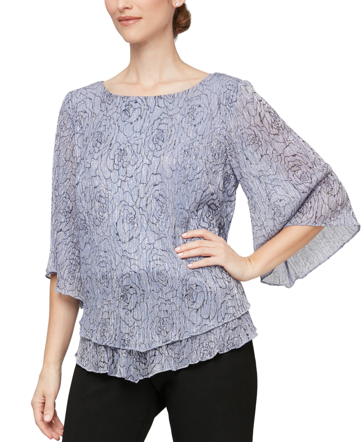 Shop Alex Evenings Petite Metallic Floral-print Tiered Top In Lavender