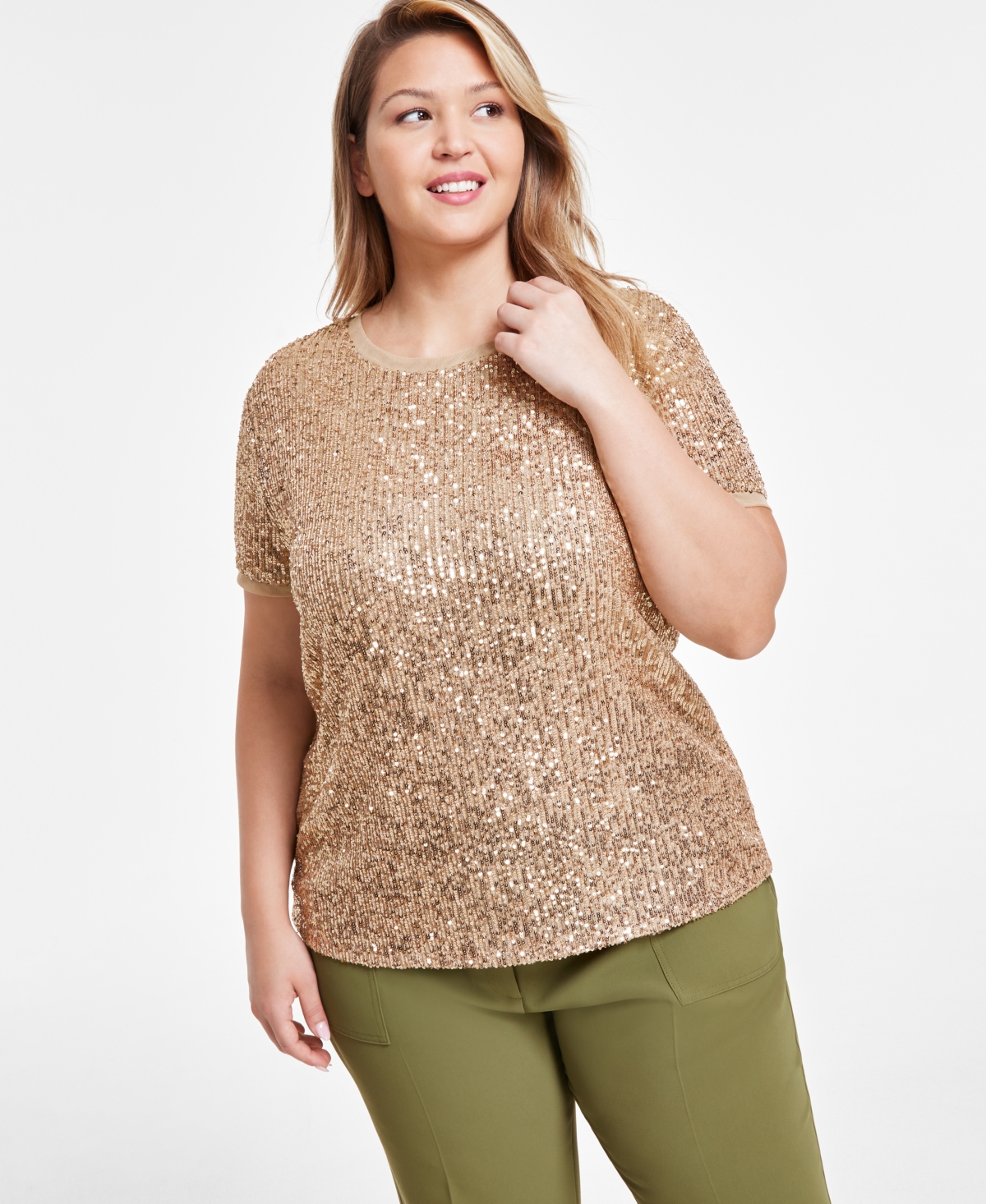 Plus Size Sequined Mesh Short-Sleeve Top - Light Coffee
