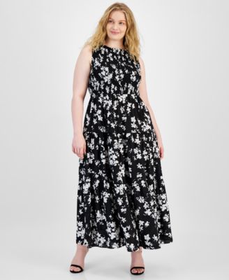 Anne Klein - Plus Size Floral Smocked-Bodice Maxi Dress