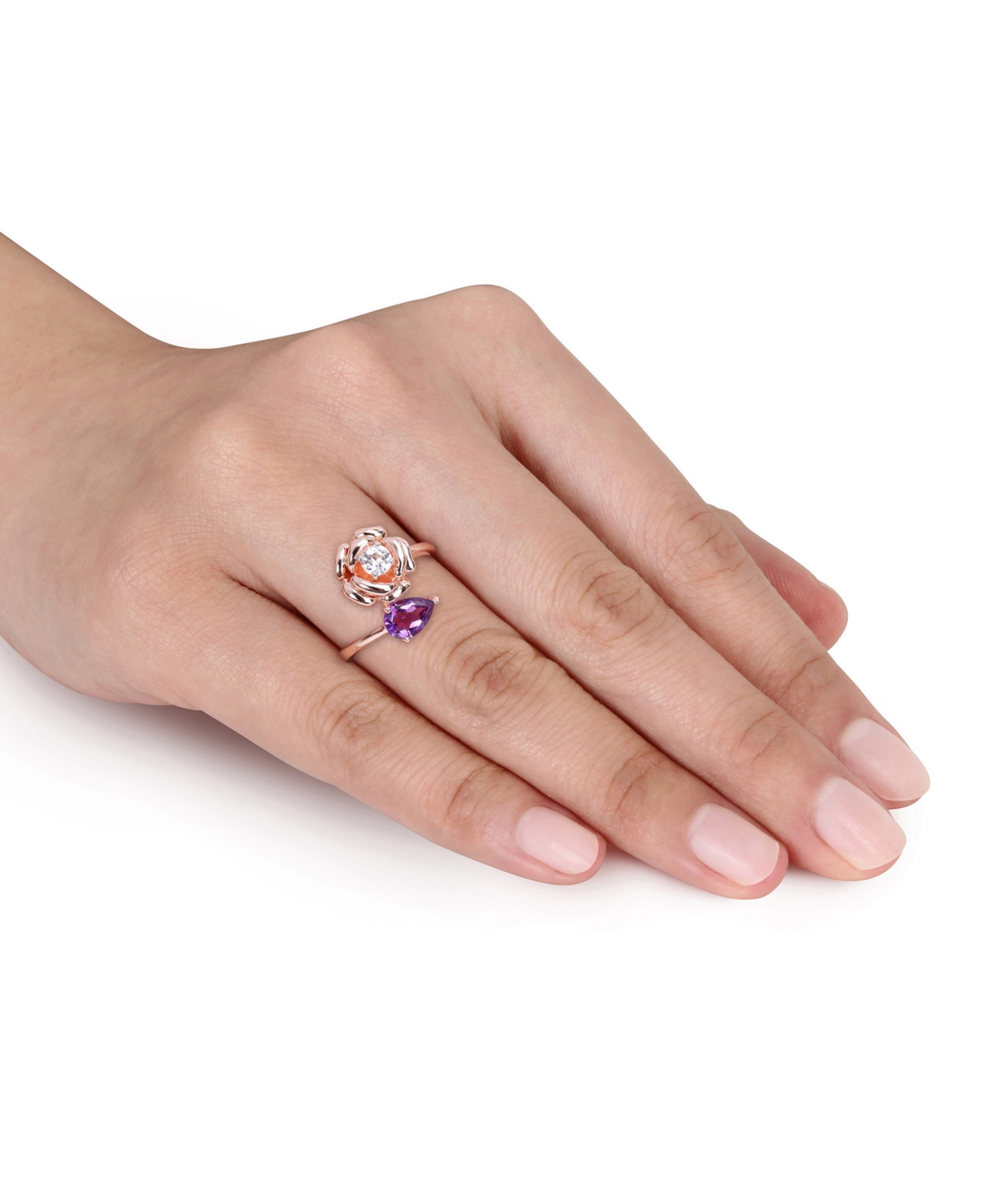 Macy's Amethyst (5/8 Ct. T.w.) & White Topaz (1/3 Ct. T.w.) Rose Bypass Ring In Rose-plated Sterling Silver In Amethyst