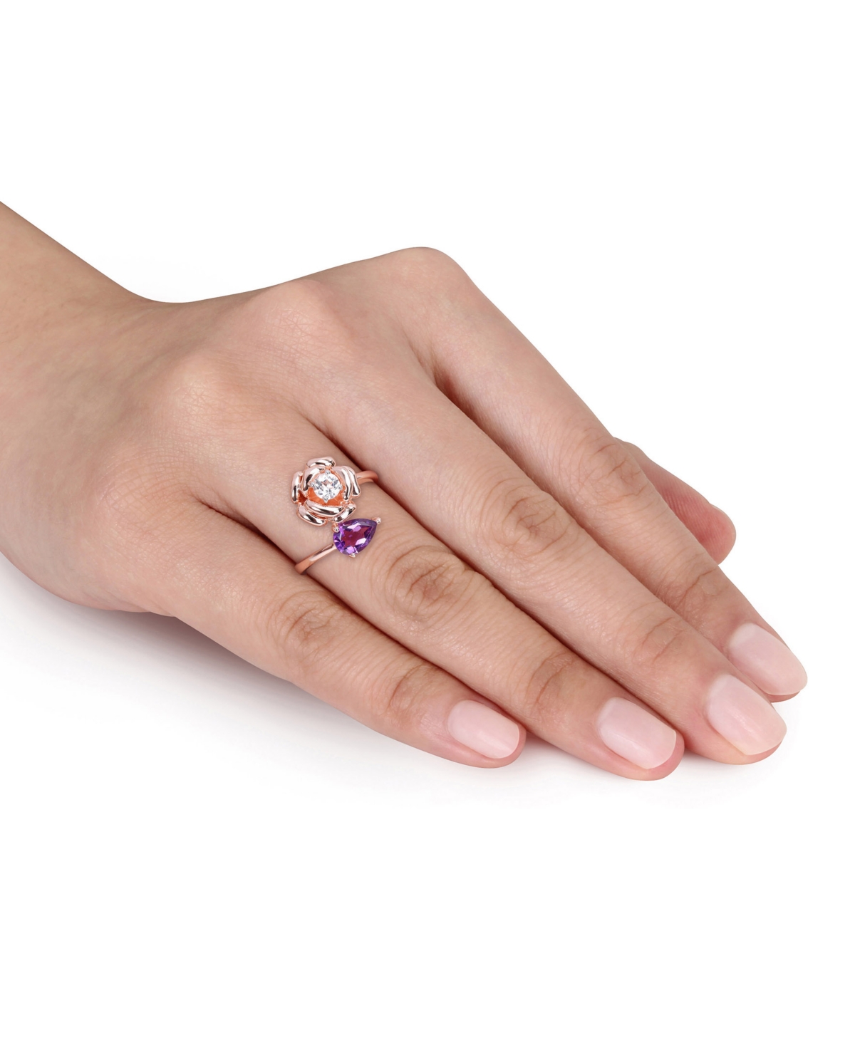 Shop Macy's Amethyst (5/8 Ct. T.w.) & White Topaz (1/3 Ct. T.w.) Rose Bypass Ring In Rose-plated Sterling Silver