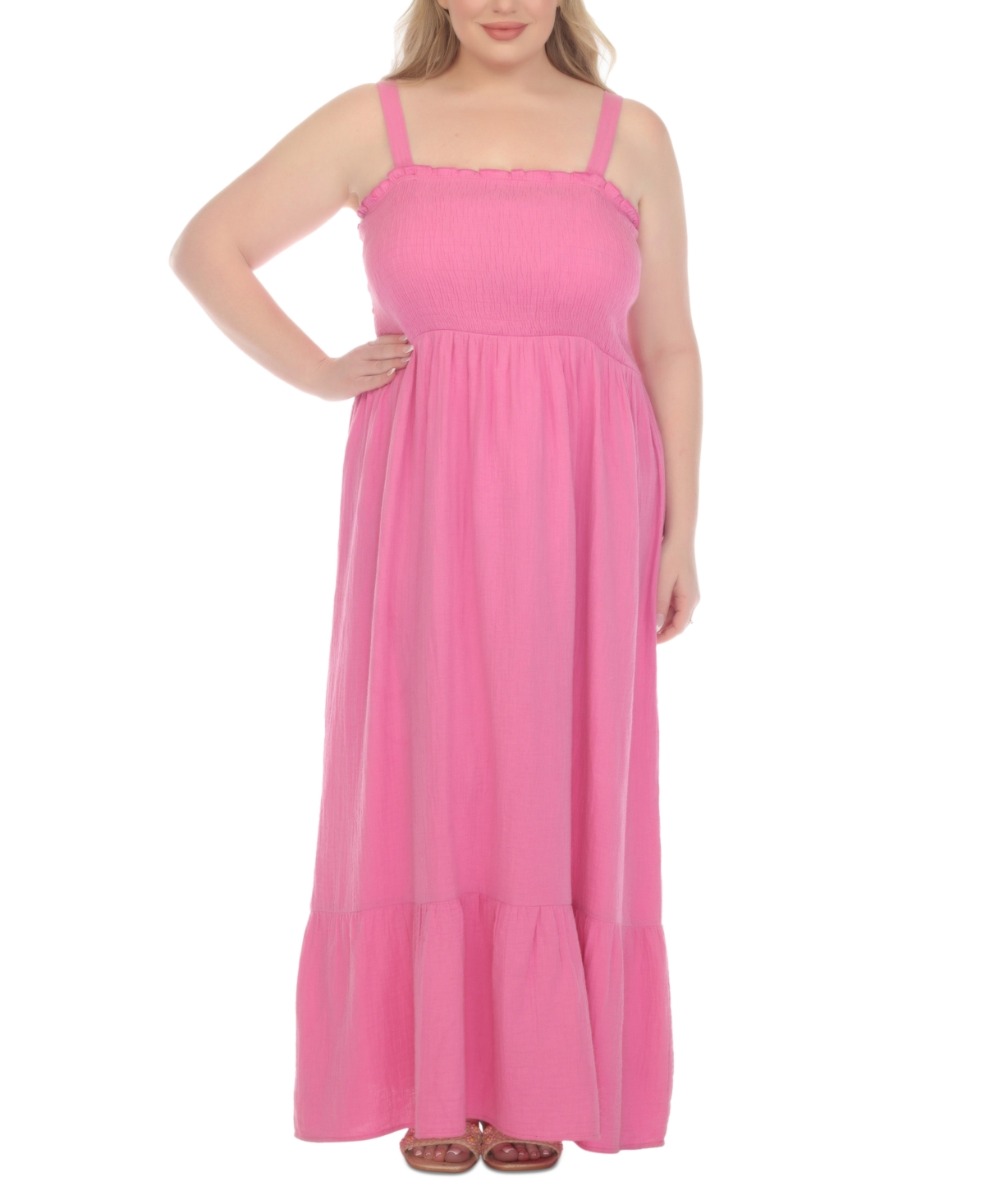 Shop Raviya Plus Size Smocked Cotton Sleeveless Cover Up Maxi Dress In Pink Fizz