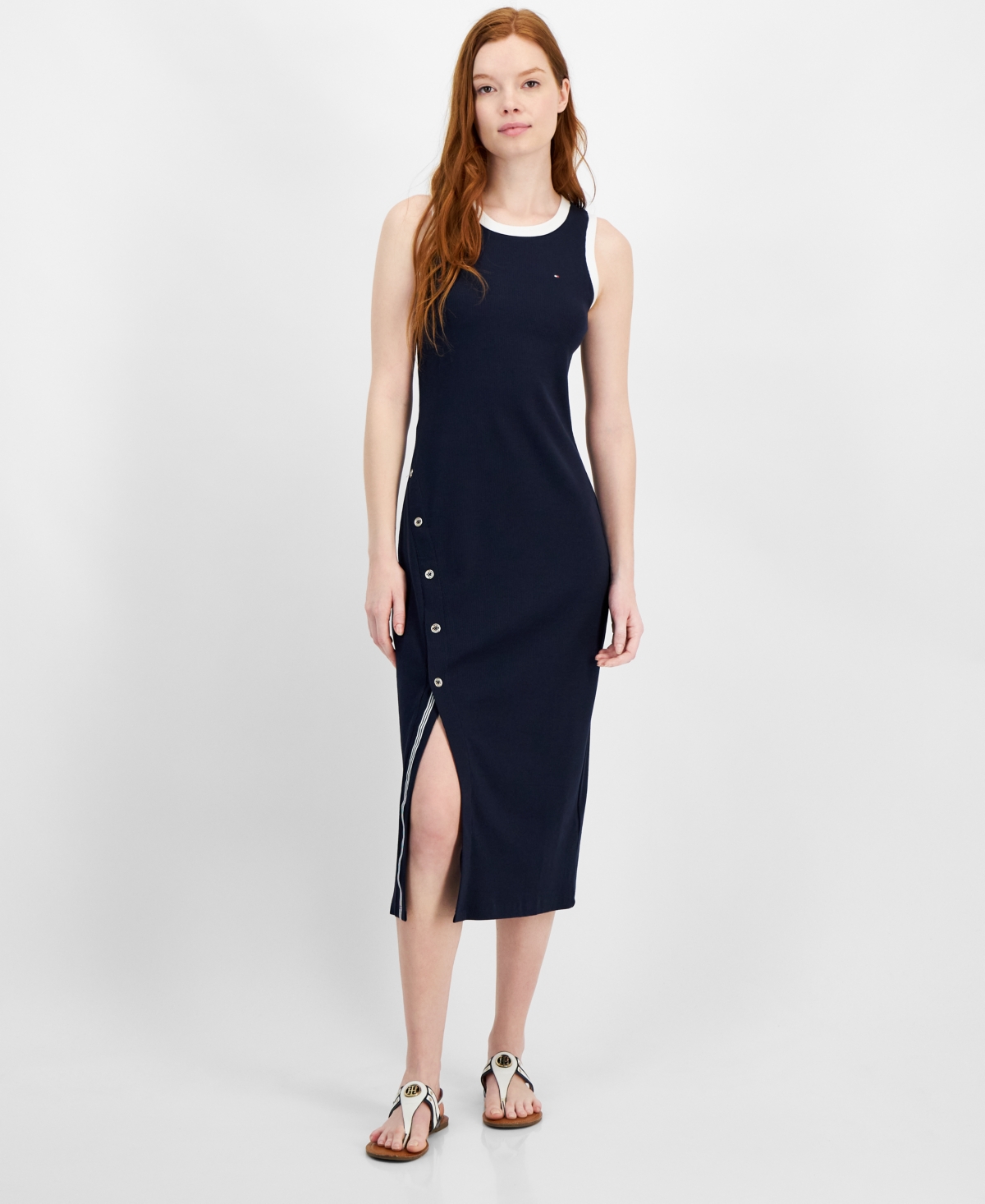 Shop Tommy Hilfiger Women's Side-slit Sleeveless Midi Dress In Sky Capt