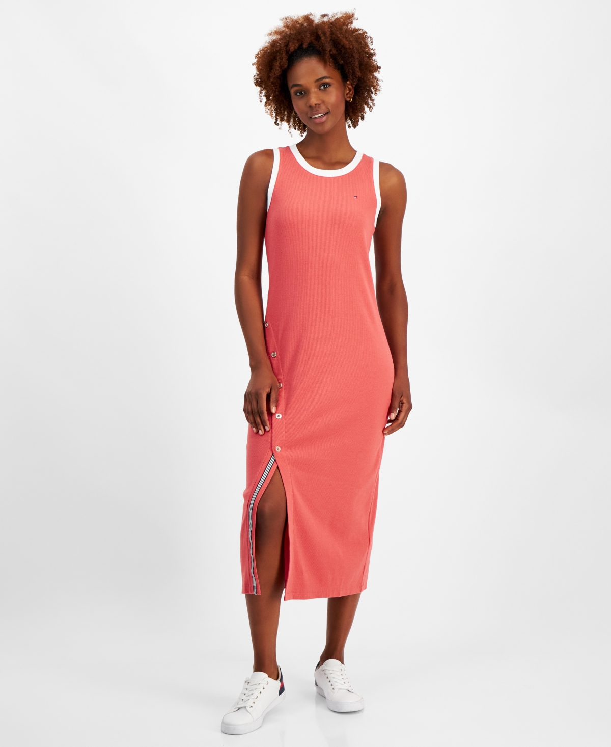 Shop Tommy Hilfiger Women's Side-slit Sleeveless Midi Dress In Min Red