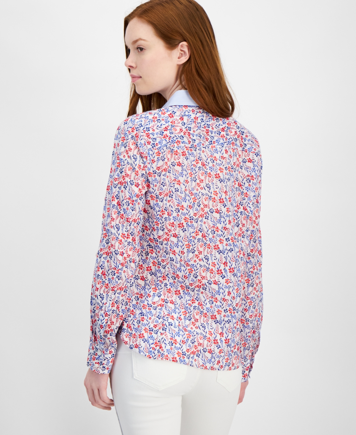 Tommy Hilfiger Women's Cotton Floral Roll-Tab Shirt -sca