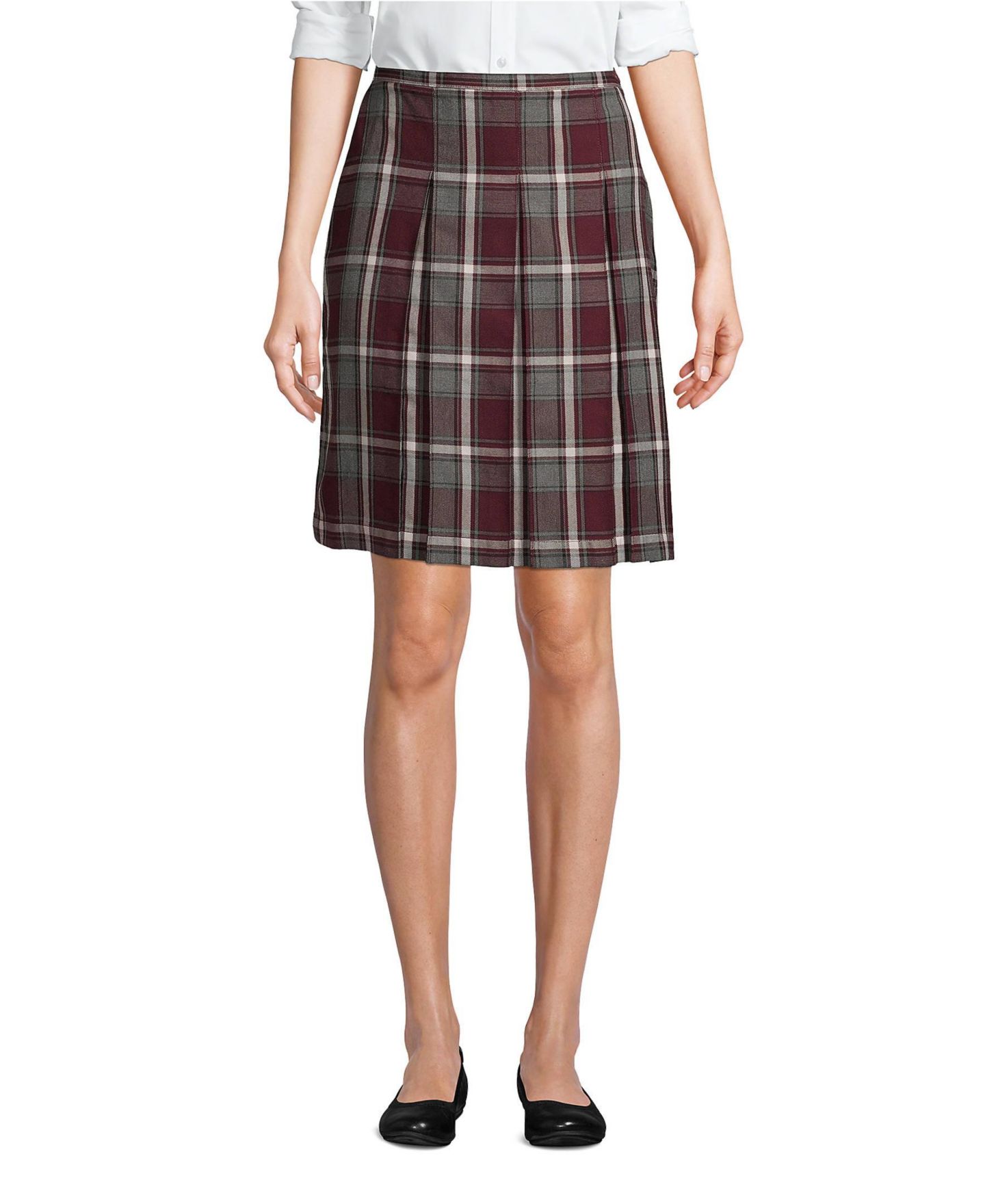Женские юбки Lands' End Plaid Box Pleat Skirt Top of the Knee, цвет: Бордовый / Серый клетчатый — фото 1