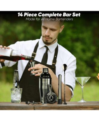 Premium 14 Piece Stainless Steel Bartender Kit with Bamboo Stand (Dark Metallic)