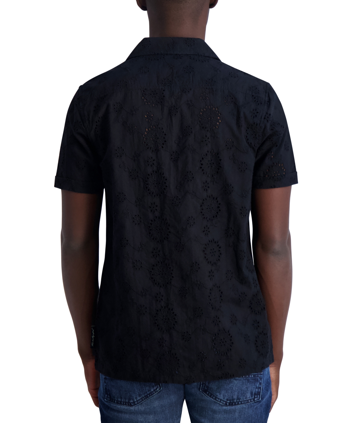 Shop Karl Lagerfeld Men's Slim-fit Eyelet Button-down Camp Shirt In Black