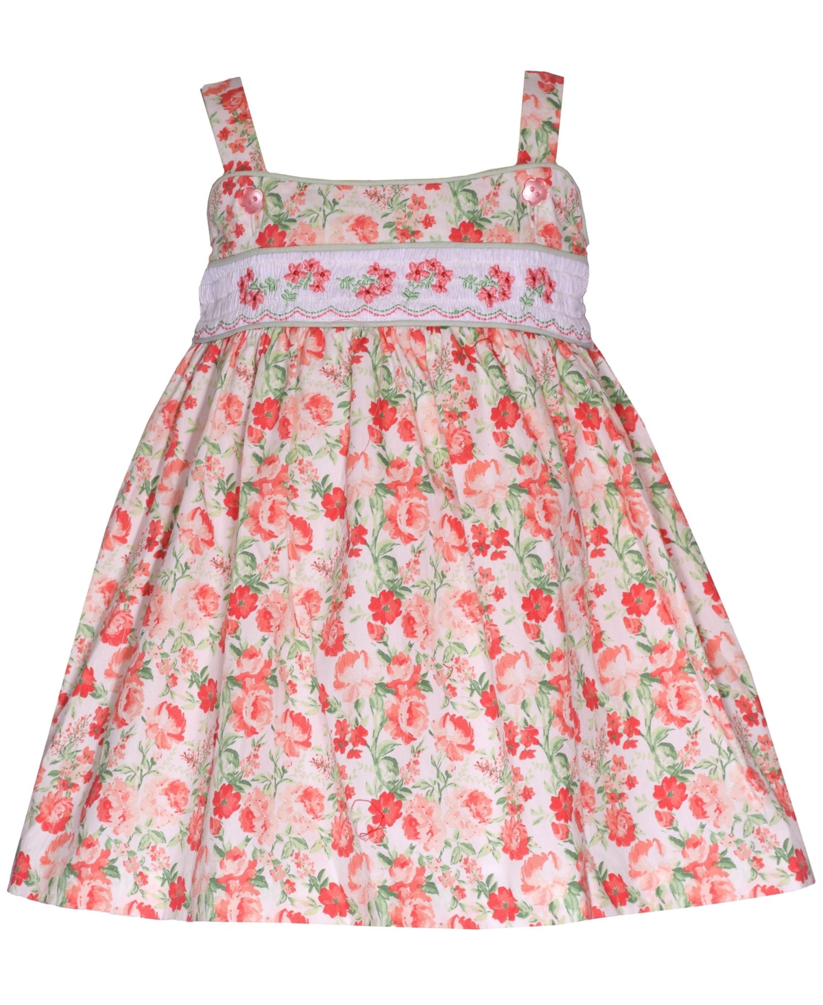 Shop Bonnie Baby Baby Girls Sleeveless Floral Sundress With Smocked Insert In Coral