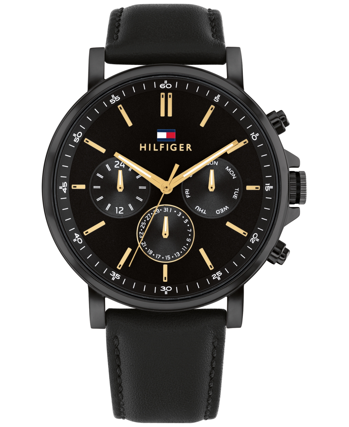 Tommy Hilfiger Men's Multifunction Black Leather Watch 44mm In Black