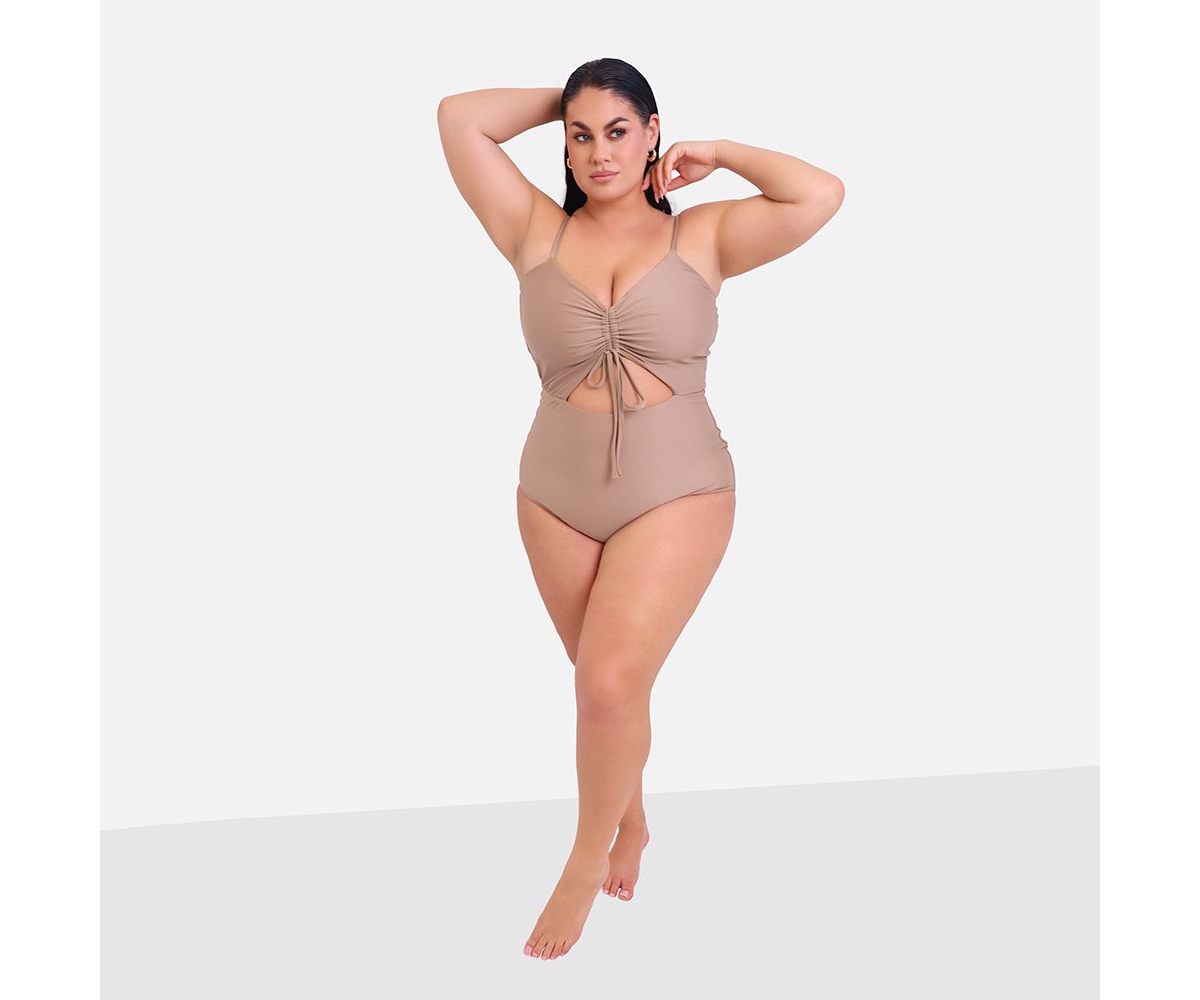 Plus Size Amara Drawstring Cut Out Swimsuit - Beige/khaki