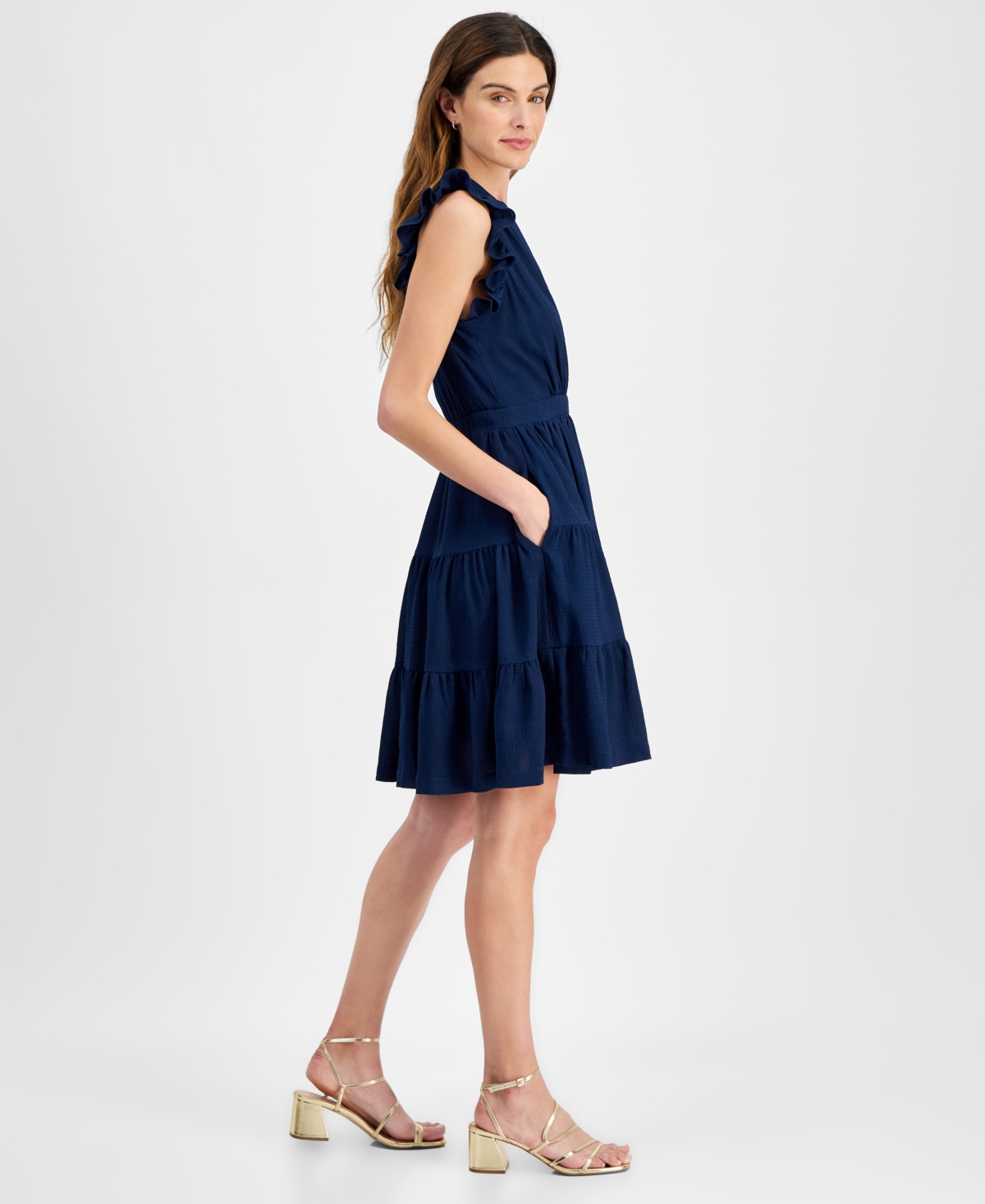Shop Taylor Women's Ruffled Tiered Fit & Flare Dress In Oxford Blu