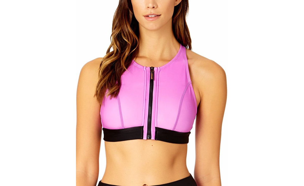 Women's Colorblock Zip Longline Bra Swim Top - Violet glow