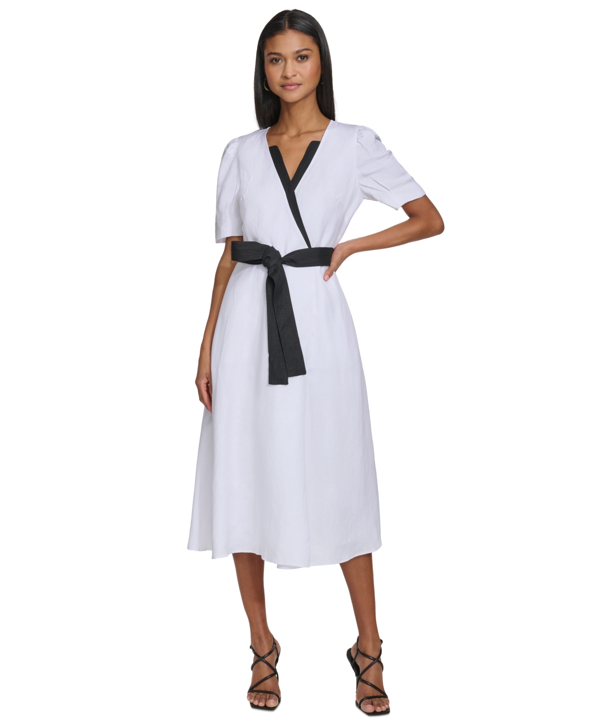 Karl Lagerfeld Women's Linen-blend Puff-sleeve Midi Dress In Sft Wt,blk