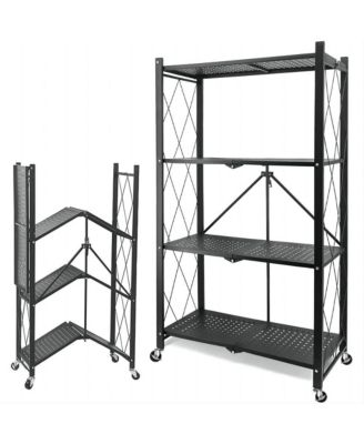 4-Tier Foldable Metal Storage Shelf Unit with Heavy Duty Frame and Kitchen Hooks