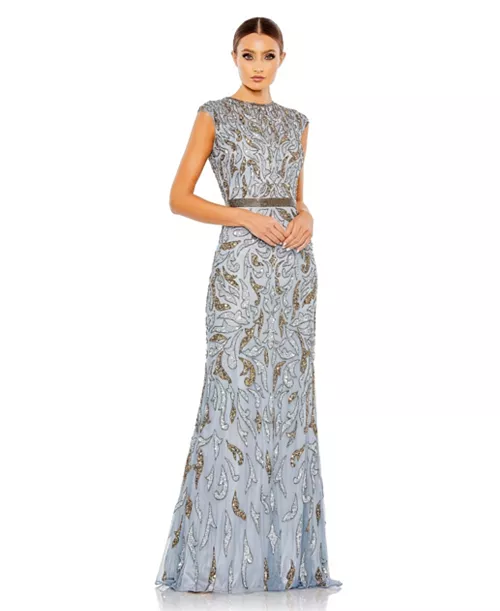 women's embellished illusion cap sleeve column gown