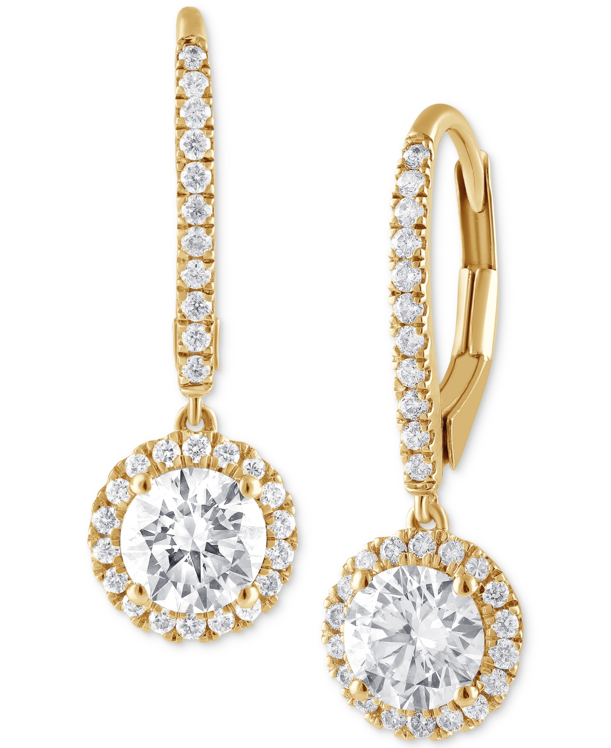 Shop Badgley Mischka Lab Grown Diamond Halo Drop Earrings (1-1/4 Ct. T.w.) In 14k White, Yellow Or Rose Gold In Yellow Gold