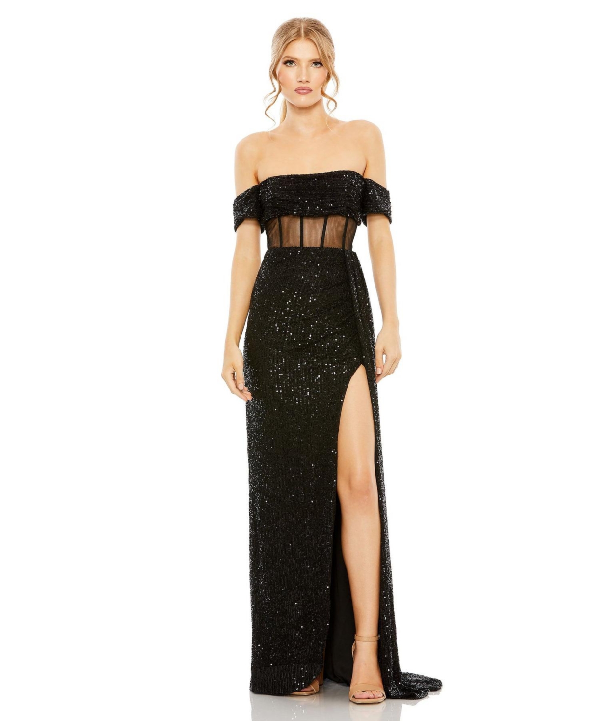 Women's Sequined Gown With Sheer Corset Waist And Slit - Black