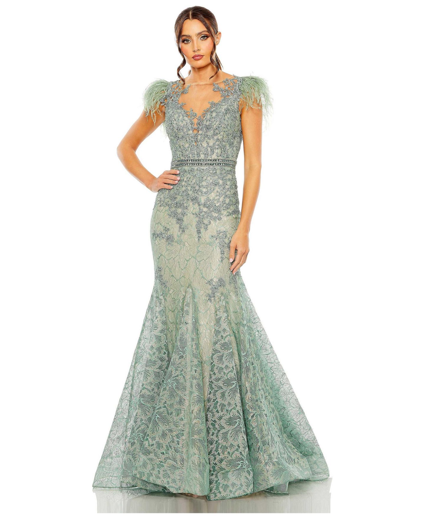 Женская кепка Mac Duggal Embellished Feather Cap Sleeve Illusion Neck Trump, цвет: Шалфейный — фото 1