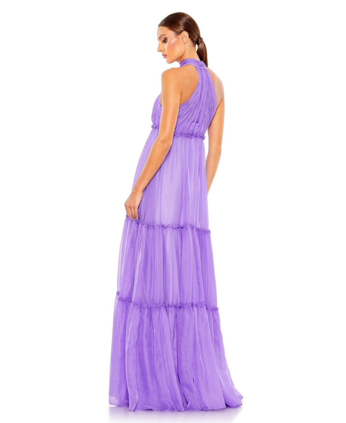 Mac Duggal Women's Ieena Ruched Tiered High Neck Bow A Line Gown