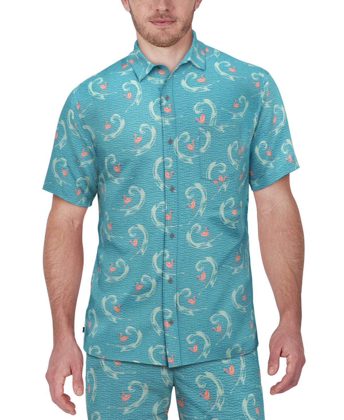 Men's Flamingo Seersucker Short Sleeve Performance Shirt - Cyan Blue