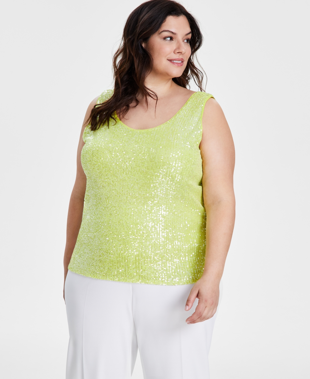 Shop Anne Klein Plus Size Sequin Mesh Tank Top In Sprout