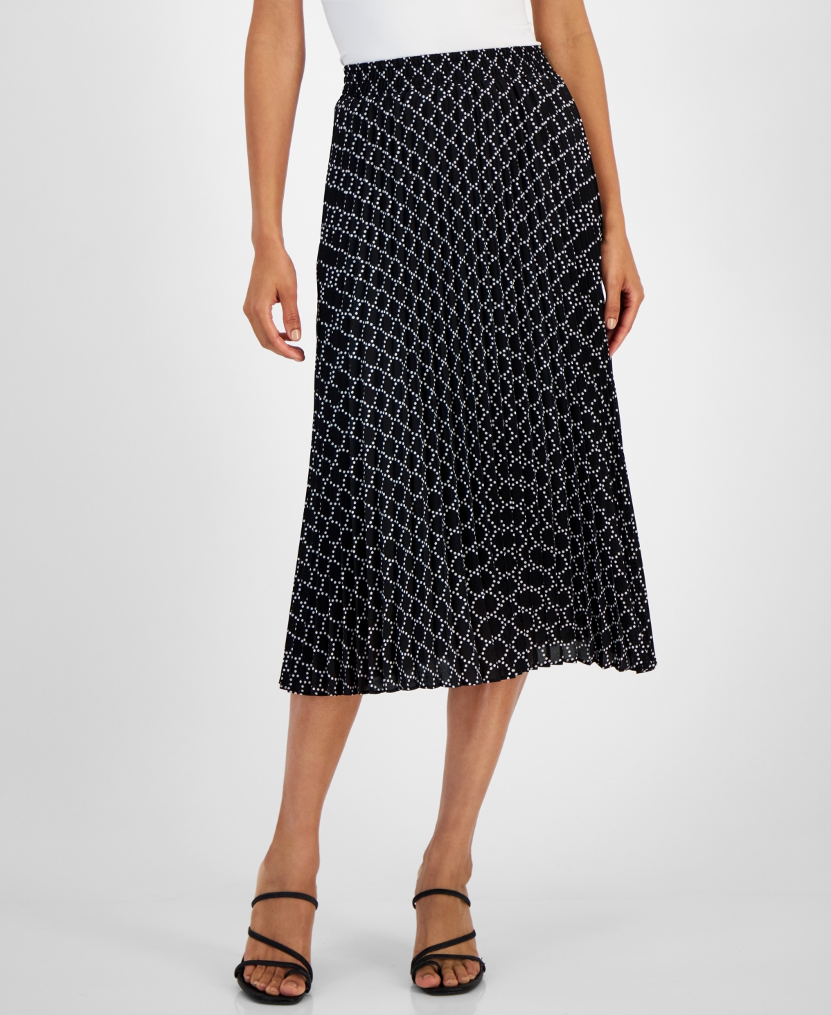 Women's Printed Pleated Pull-On Midi Skirt - Dotted Black