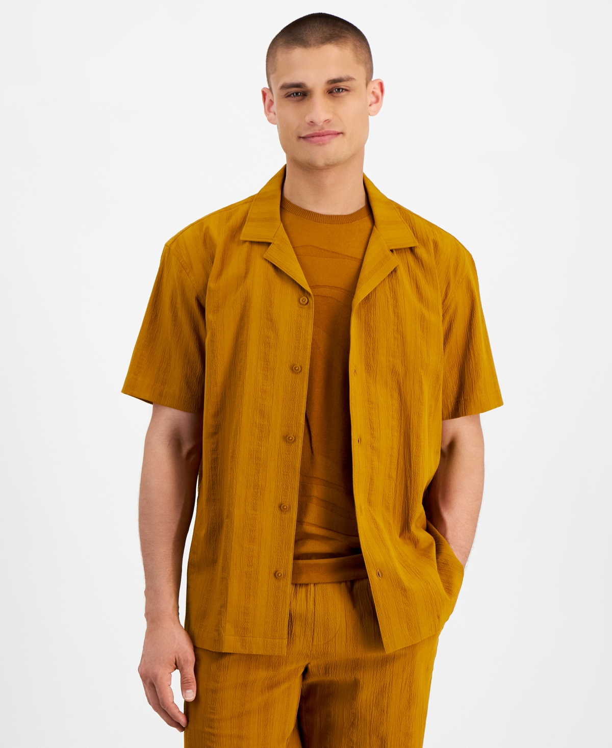 Men's Short Sleeve Textured Button-Front Camp Shirt, Created for Macy's - Light Amber