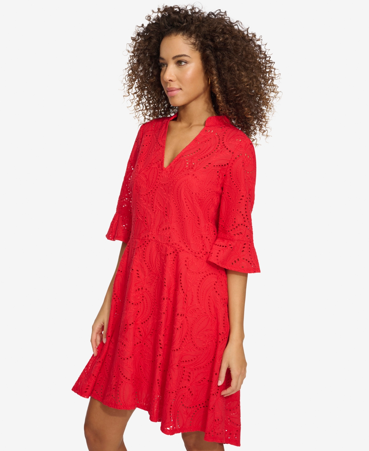 Shop Kensie Women's Cotton Eyelet Bell-sleeve High-low Dress In Poppy