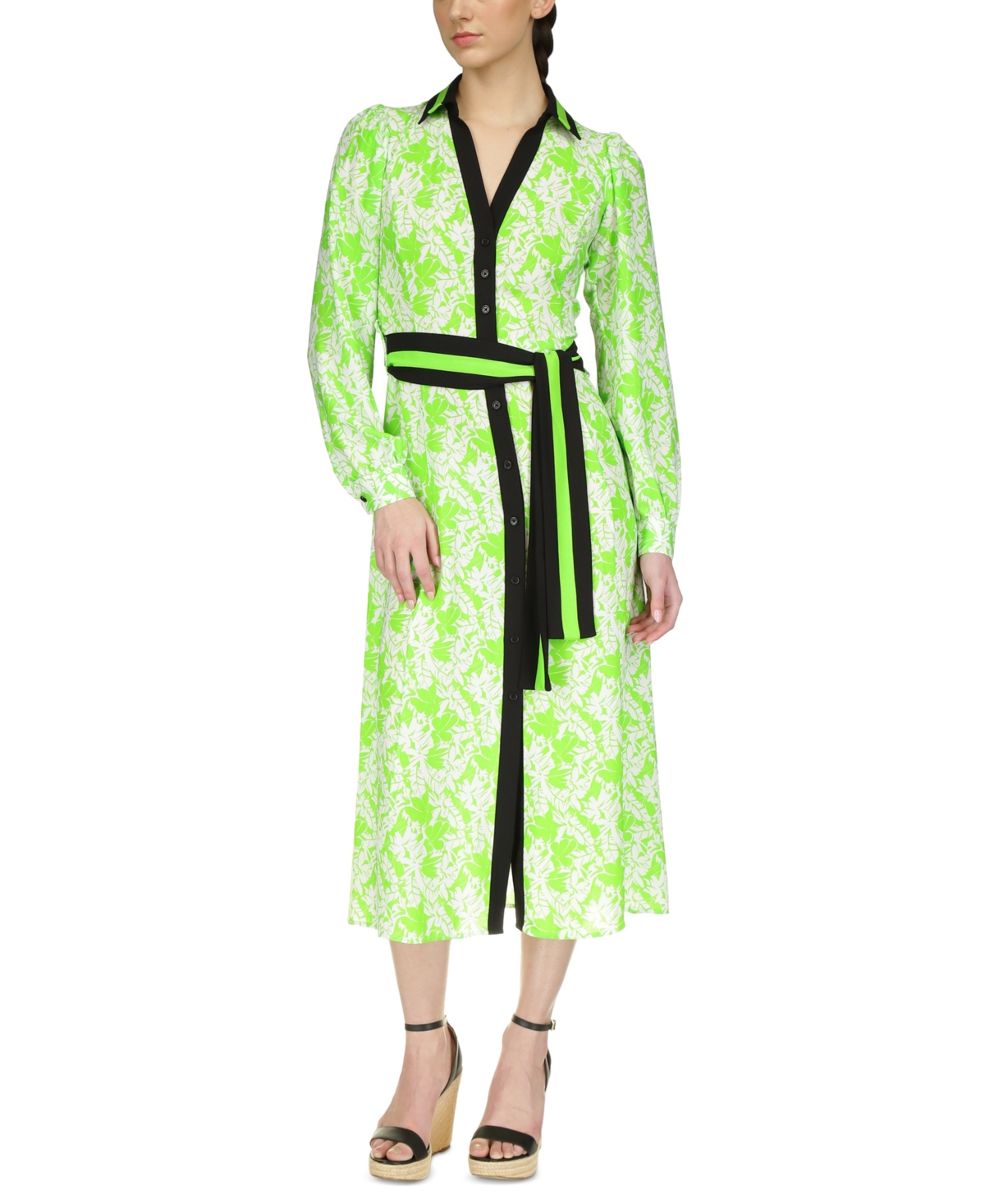 Shop Michael Kors Michael  Women's Palm Printed Belted Midi Dress In Green Apple