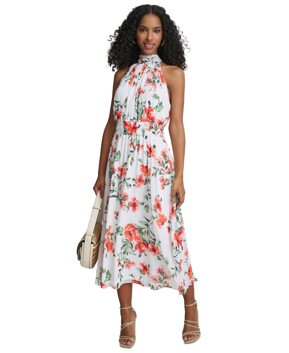 Shop Calvin Klein Petite Floral-print A-line Halter Dress In Tango Mult