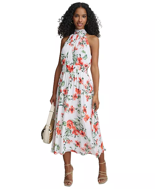 petite floral-print a-line halter dress