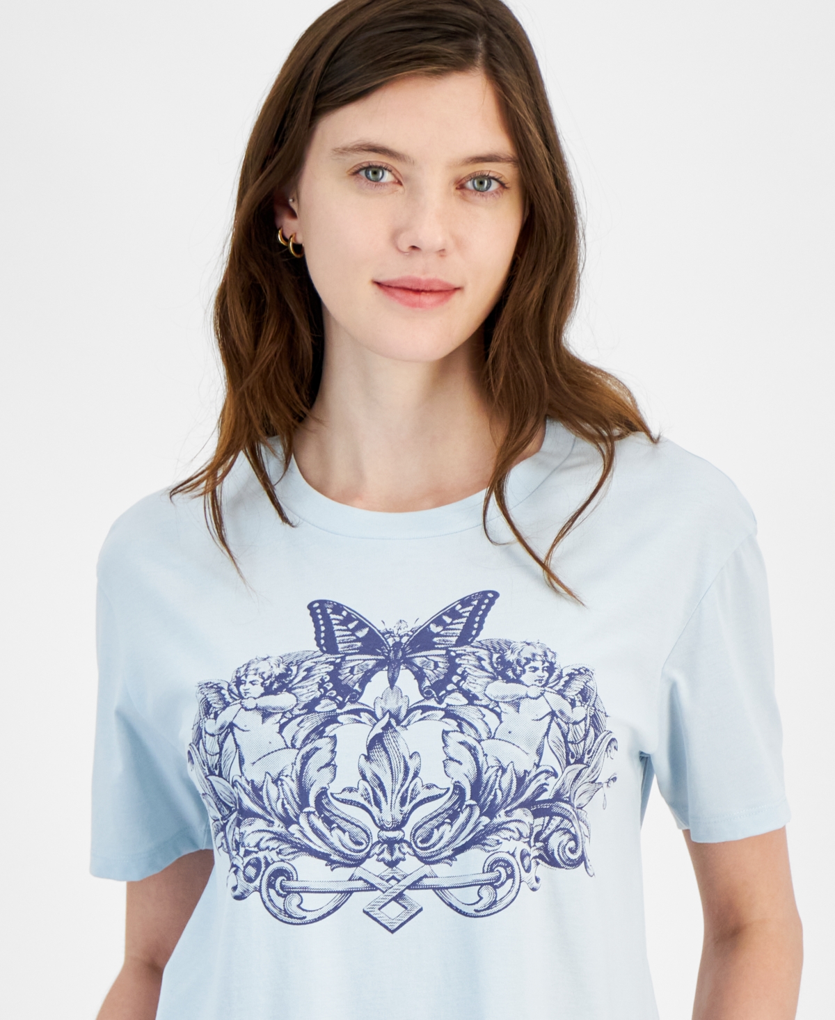 Rebellious One Juniors' Butterfly Graphic-print Tee In Baby Blue