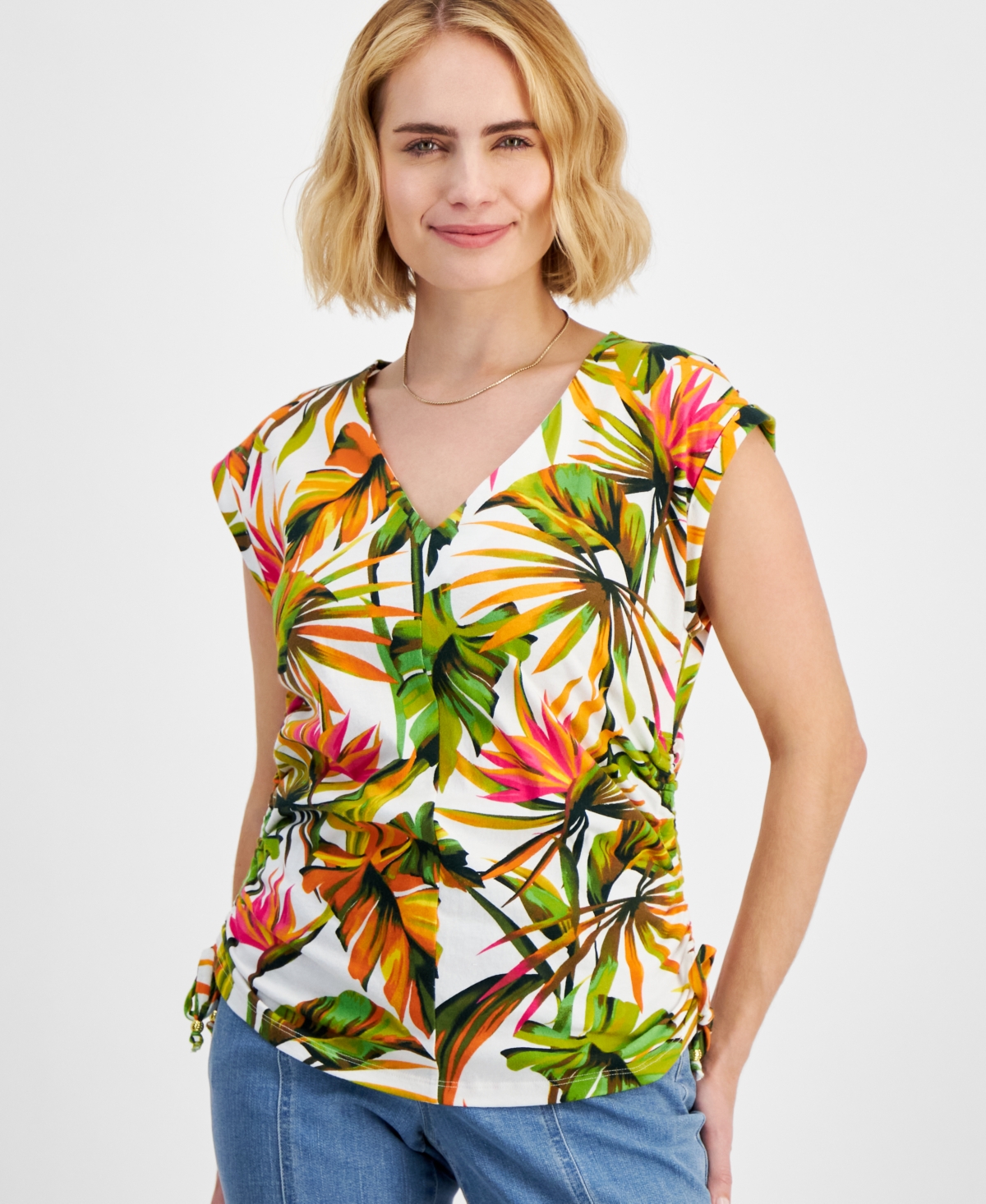 Petite Cotton Ruched-Side Top, Created for Macy's - Trop Garden B