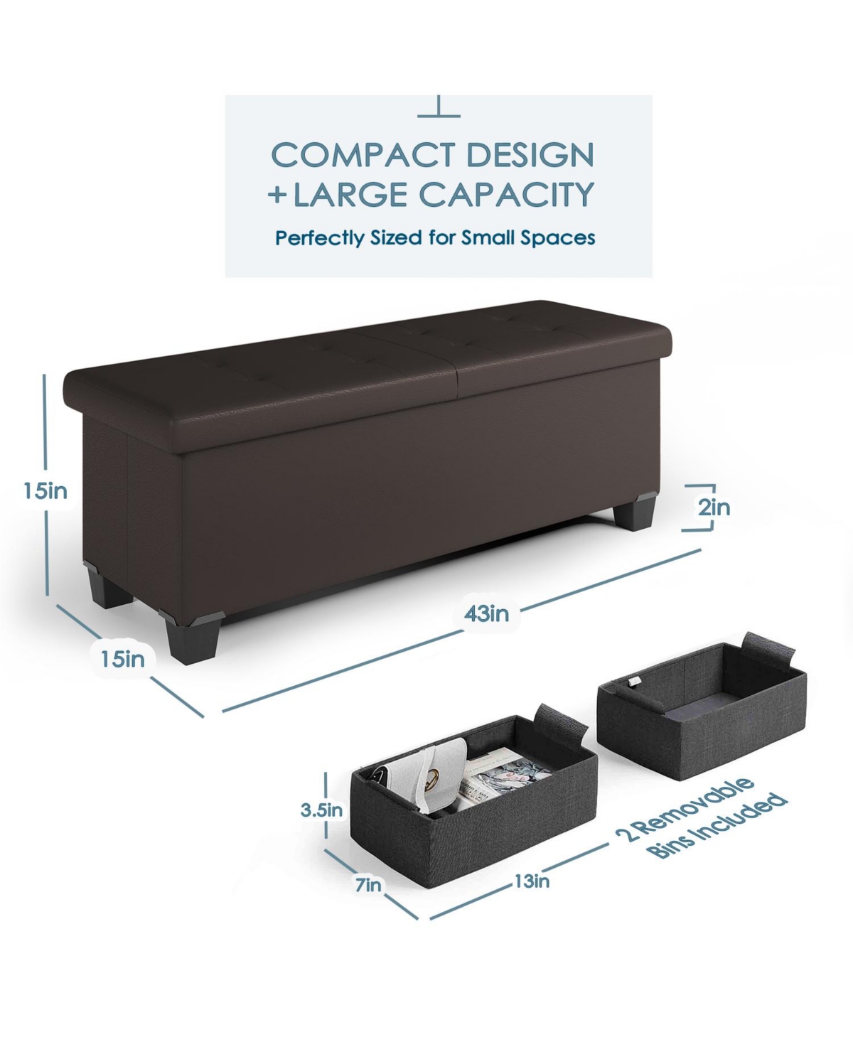 Nestl 43 Inch Ottoman Storage Bench with Storage Bins - Leatherette or Linen Finish