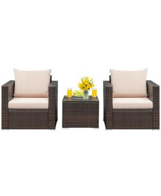 3 Pcs Patio Conversation Rattan Furniture Set with Cushion