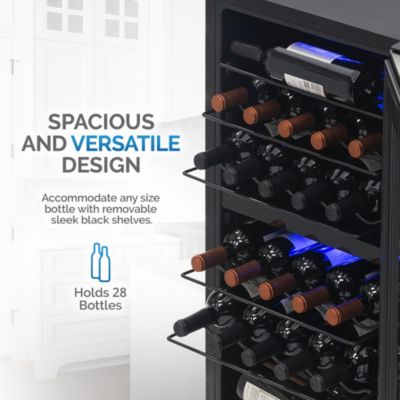 Freestanding 28 Bottle Dual Zone Compressor Wine Fridge in Stainless Steel, Adjustable Racks and Exterior Digital Thermostat