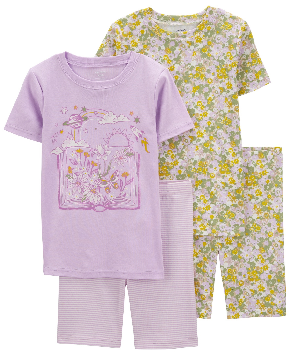 Carter's Kids' Little Girls Floral T-shirt And Shorts Pajama Set, 4 Piece Set In Purple