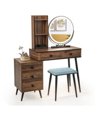 1PC Pine Wood Vanity Table Set with 3-Color Lighted Mirror and Cushioned Stool