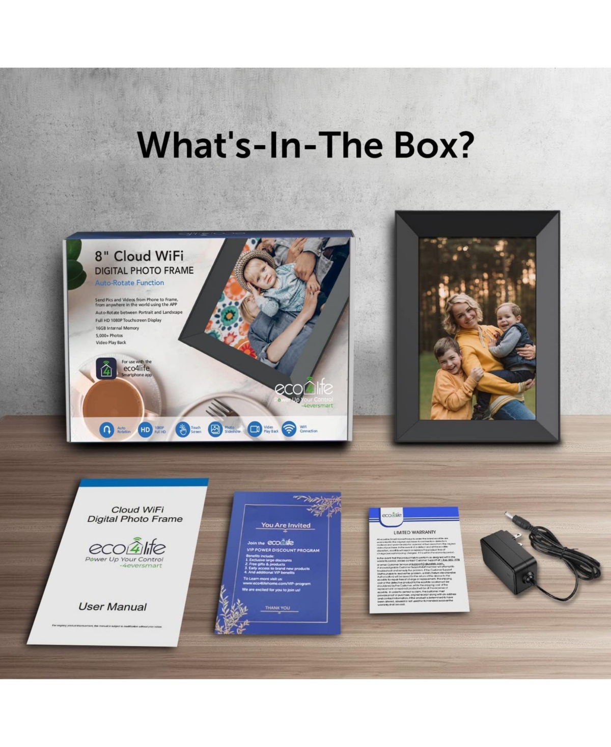 Eco4Life WiFi Digital Photo Frame with Auto Rotation and Photos/Videos sharing