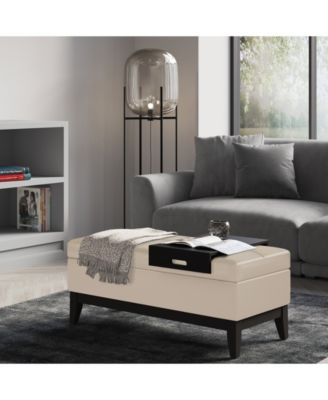 Oregon Storage Ottoman Bench with Tray in Satin Cream Pu Leather