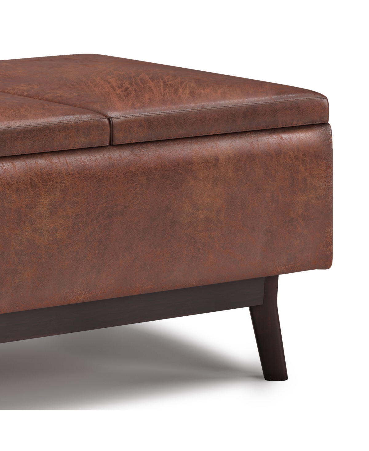 Simpli Home Owen Tray Top Small Coffee Table Storage Ottoman In Distressed Saddle Brown Pu Leather In Distressed Saddle Brown