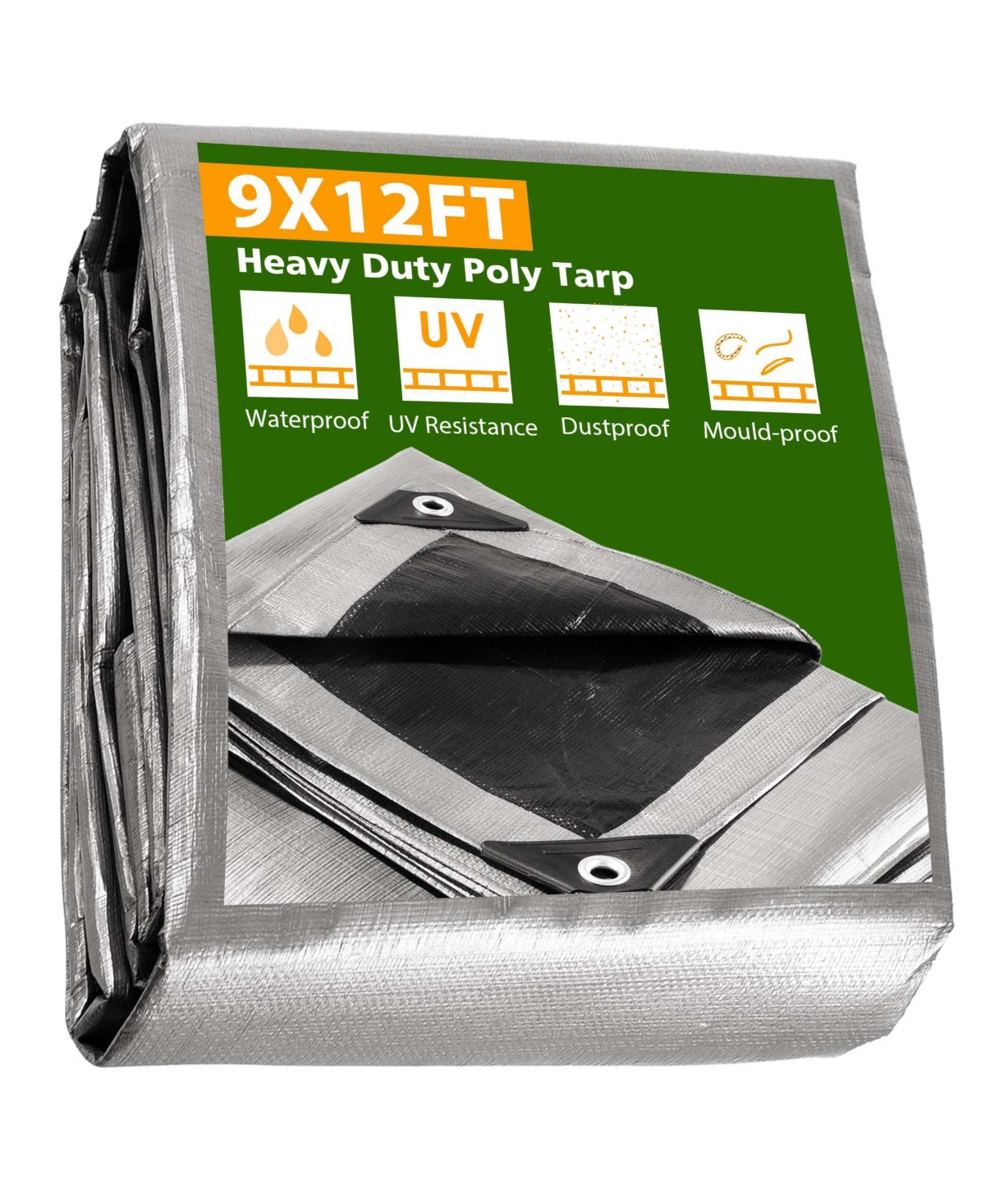 9x12ft Heavy Duty Reinforced Poly Tarp All Purpose Canopy Tent Cover Waterproof Tarpaulin - Silver